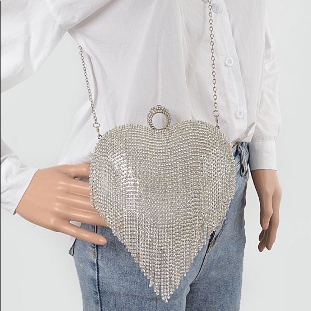 Silver Metallic Fringe Crystal Heart Shape Evening Bag